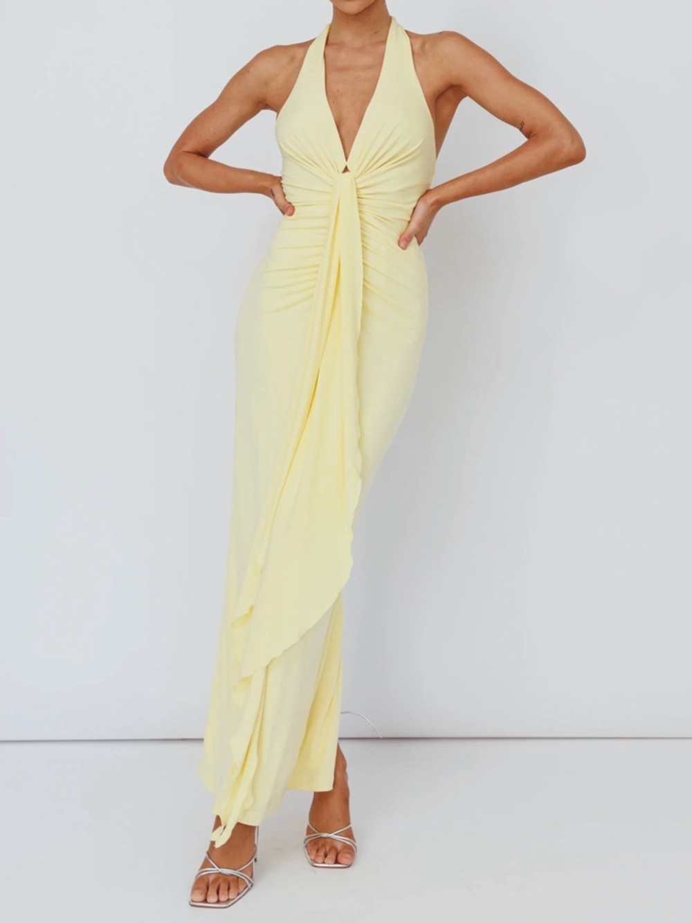 Halter Twist Front Maxi Dress in Pale Yellow